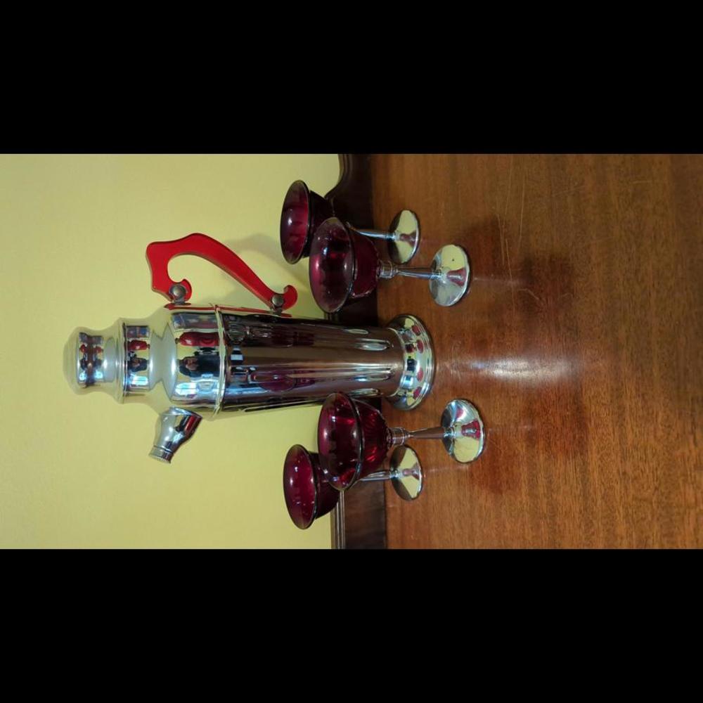 Vintage 1940's Chrome Cocktail Set Shaker w Red Bakelite Handle & 4 Ruby Glasses